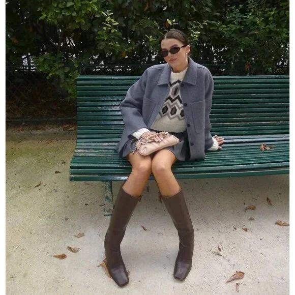 Women's Brown Faux Leather Chunky High Heel Tall Boot Fashion Square Toe - Picture 4 of 6